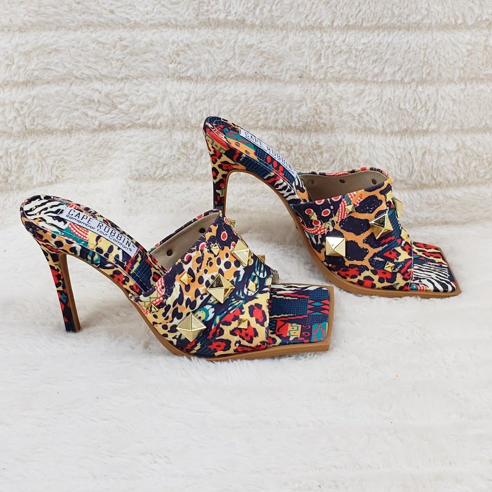 Popo Slip On Sqaure Open Toe High Heels Clogs Mules Slides  multi Color Print - Picture 5 of 9